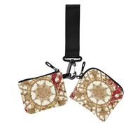 Middle Eastern Style Vintage Flower Red and Light Brown Dual Coin Purse Credit Card Holder Wallet Mini Fashion Zipper Cash Coin Purse with Wristlet Strap for Ladies 2 Pcs, Middle Eastern style Vintage