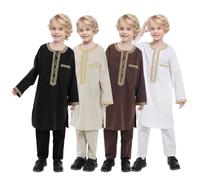 Middle Eastern Youth Boys' Embroidered Robe Set Muslim Ethnic Attire Top Trousers Arab Children's Clothing Long Sleeve Casual Islamic Robe with Chest Pocket, Solid Thobe Kaftan for Prayer Beige