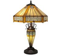 Middle-England Art Deco Tiffany Style Table Lamp, Amber Stained Glass Shade, 60cm Height, 40cm Diameter, Bronze Coloured Base