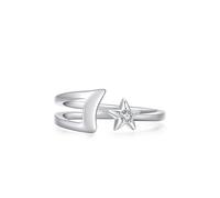Middle Finger Rings, Funny Engagement Ring Open Star Moon Design with Solitaire Round Lab Diamond 18K White Gold Size T 1/2