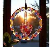 Middle Finger Suncatcher Color Stained Glass Window Hanging, Handmade Acrylic Funny Light Sun Catcher Indoor Outdoor Wall Hanger Ornament, Hand-Painted Glass Panel Decor for Home Office (E)