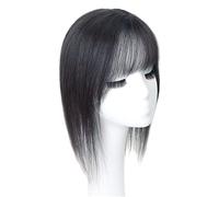 Middle Part Silk Part Base Human Hair Topper 7x10cm Forehead Straight Clip in Hairpiece with Wispy Fringe 30cm Black