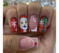 Middle Square Press On Nails 24 Pcs False Nails Festive Santa And Snowflake Pattern Stick On Nails For Christmas Party
