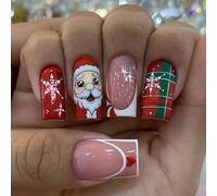 Middle Square Press On Nails 24 Pcs False Nails Festive Santa and Snowflake Pattern Stick on Nails for Christmas Party