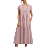 Midi Dresses For Women-2026 European And Solid Color Lace V Neck Sleeveless Loose And Linen Pocket Dress