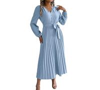 Midi Dresses for Women Spring Elegant Long Sleeve Flowing Pleated A-Line Dress Work Outfits, blue, S