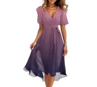 Midi Dresses for Women UK 2026,Casual Elegant Classy Chiffon Dresses Elegant V Neck Belted Short Sleeve Ruffle Flowy Dress Summer Wedding Guest Prom Cocktail Dress(A-Purple,L)