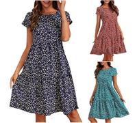 Midi Dresses for Women UK Clearance, Ladies Boho Floral Printed Dress Smock Waist Sundress Short Sleeve Dresses Round Neck Dress A-Line Skirts Ruffle Skirt Flowy Clothing Summer Lounge Wear Plus Size