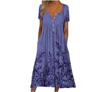 Midi Dresses for Women UK Half Sleeve V Neck Button Floral Dress Summer Casual Loose Fit Long Dresses with Pockets Comfy Lounge T Shirts Dress Beach Holiday Elegant Sundress Ladies