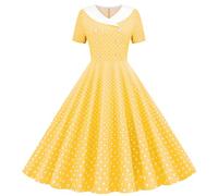 midi Dresses for Women UK Polka Dot Dress Vintage Floral Swing Skater Party Evening Dress 1950s Audrey Hepburn Retro Dresses Going Out Wedding Guest Yellow