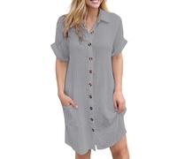 Midi Dresses for Women UK Short Sleeve Kaftan Dresses Cotton V Neck Shirt Dresses Button Front Loose Linen Beach Cover Up Tunic Dress with Pockets