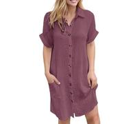 Midi Dresses for Women UK Short Sleeve Kaftan Dresses Cotton V Neck Shirt Dresses Button Front Loose Linen Beach Cover Up Tunic Dress with Pockets