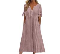 Midi Dresses for Women UK Short Sleeve V Neck Button Floral Dress Summer Casual Loose Fit Long Dresses with Pockets Comfy Lounge T Shirts Dress Beach Holiday Elegant Sundress
