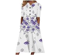 Midi Dresses for Women UK Short Sleeve V Neck Button Floral Dress Summer Casual Loose Fit Long Dresses with Pockets Comfy Lounge T Shirts Dress Beach Holiday Plus Size Elegant Sundress Sale