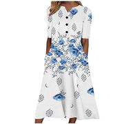 Midi Dresses for Women UK Short Sleeve V Neck Button Floral Dress Summer Casual Loose Fit Long Dresses with Pockets Comfy Lounge T Shirts Dress Beach Holiday Elegant Sundress Clearance