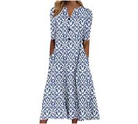 Midi Dresses for Women UK Short Sleeve V Neck Button Floral Dress Summer Casual Loose Fit Long Dresses with Pockets Comfy Lounge T Shirts Dress Beach Holiday Plus Size Elegant Sundress Sale