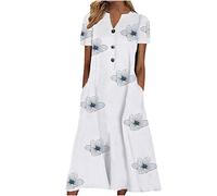 Midi Dresses for Women UK Short Sleeve V Neck Button Floral Dress Summer Casual Loose Fit Long Dresses with Pockets Comfy Lounge T Shirts Dress Beach Holiday Elegant Sundress Sale Clearance