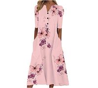 Midi Dresses for Women UK Short Sleeve V Neck Button Floral Dress Summer Casual Loose Fit Long Dresses with Pockets Comfy Lounge T Shirts Dress Beach Holiday Elegant Sundress Sale Clearance