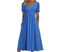 Midi Dresses for Women UK Short Sleeve V Neck Twist Front Ladies Dresses Summer Casual Loose Fit Long Dresses with Pockets Comfy Lounge T Shirts Dress Beach Holiday Plus Size Elegant Dress Blue
