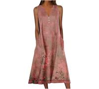 Midi Dresses for Women UK Sleeveless V Neck Floral Dress Summer Casual Loose Fit Long Dresses with Pockets Comfy Lounge Tank Vest Dress Beach Holiday Plus Size Elegant Sundress Sale Clearance