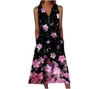 Midi Dresses for Women UK Sleeveless V Neck Floral Dress Summer Casual Loose Fit Long Dresses with Pockets Comfy Lounge Tank Vest Dress Beach Holiday Plus Size Elegant Sundress Sale Clearance