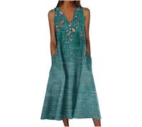 Midi Dresses for Women UK Sleeveless V Neck Floral Dress Summer Casual Loose Fit Long Dresses with Pockets Comfy Lounge Tank Vest Dress Beach Holiday Plus Size Elegant Sundress Sale Clearance