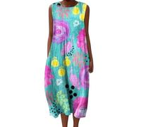 Midi Dresses for Women UK Vintage Floral Cotton Linen Shirts Dress Casual Sleeveless Round Neck Maxi Dress Loose Fit Long Dresses with Pockets Beach Holiday Plus Size Elegant Sundress with Pockets