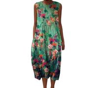 Midi Dresses for Women UK Vintage Floral Cotton Linen Shirts Dress Casual Sleeveless Round Neck Maxi Dress Loose Fit Long Dresses with Pockets Beach Holiday Plus Size Elegant Sundress with Pockets