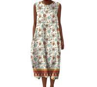 Midi Dresses for Women UK Vintage Floral Cotton Linen Shirts Dress Casual Sleeveless Round Neck Maxi Dress Loose Fit Long Dresses with Pockets Beach Holiday Plus Size Elegant Sundress with Pockets