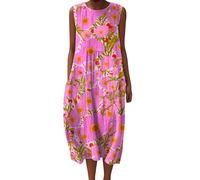 Midi Dresses for Women UK Vintage Floral Cotton Linen Shirts Dress Casual Sleeveless Round Neck Maxi Dress Loose Fit Long Dresses with Pockets Beach Holiday Plus Size Elegant Sundress with Pockets