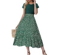 Midi Dresses for Women UK, Womens Summer Flowy Tiered Midi Dress Floral Print Ruffle Petal Short Sleeve Crew Neck Casual High Waist A Line Beach Long Dresses UK Clearance,Khaki,S,u479k