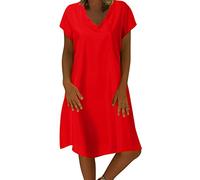 midi Dresses for Women Womens Fashion Dress Solid Color Short Sleeve V Neck Mid Length Dress Black Dress for Women (Red, L)