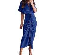 midi Dresses for Women Women's Summer Chiffon Long Dress Short Sleeve Temperament Commuting High Waist Long Dress Wedding Guest Dress (Blue, XL)