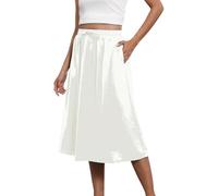 Midi Skirt with Pockets | Midi Skirts for Women UK Elasticated Waist A Line Solid Color-Ladies Skirts Elasticated Waist Cotton Beach Swing Skirts Knee Length Flattering Slimming Casual Summer Skirt