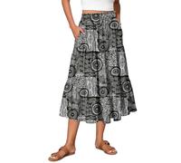 Midi Skirts for Women UK Bohemian Style Pleated Long Flowy Elasticated Waist Tiered A Line Boho Floral Beach Vacation Skirt Ladies Summer Skirt,Gray,L,u238k