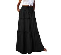 Midi Skirts for Women UK Elasticated Waist - Midi Skirts for Women UK A Line - Knee Length Skirt Tiered Maxi Skirt Cotton Ladies SummerSkirts Long Summer Solid Colorskirt Vacation Outfits (a-Black, S)