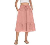 Midi Skirts for Women UK Solid Colour Drawstring Lace Up Elasticated Waist Long Skirt with Pockets Casual Ruffle Hem A Line Silk Pleated Skirts Summer Plain Skirt Holiday Beach Clubwear Daily Wear