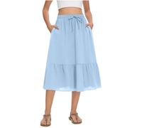 Midi Skirts for Women UK Solid Colour Drawstring Lace Up Elasticated Waist Long Skirt with Pockets Casual Ruffle Hem A Line Silk Pleated Skirts Summer Plain Skirt Holiday Beach Clubwear Daily Wear