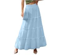 Midi Skirts for Women UK Solid Colour High Elasticated Waist Tiered Layered Silk Pleated Skirt Casual Ruffle Hem A Line Skirts Summer Plain Skirt Holiday Beach Club Dresses Daily Wear Light Blue
