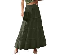 Midi Skirts for Women UK Solid Colour High Elasticated Waist Tiered Layered Silk Pleated Skirt Casual Ruffle Hem A Line Skirts Summer Plain Skirt Holiday Beach Club Dresses Daily Wear Army Green