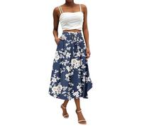 Midi Skirts for Women UK, Women's Flowy Elastic High Waist Skirts Summer Boho Floral Pattern Print Casual A Line Midi Skirt with Pockets for Beach Holiday Travel, Navy,XXL,u108k