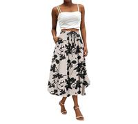 Midi Skirts for Women UK, Women's Flowy Elastic High Waist Skirts Summer Boho Floral Pattern Print Casual A Line Midi Skirt with Pockets for Beach Holiday Travel, Gray,XXL,u28k