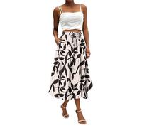 Midi Skirts for Women UK, Women's Flowy Elastic High Waist Skirts Summer Boho Floral Pattern Print Casual A Line Midi Skirt with Pockets for Beach Holiday Travel Gifts for Women,Beige,M,u04k