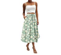Midi Skirts for Women UK, Women's Flowy Elastic High Waist Skirts Summer Boho Floral Pattern Print Casual A Line Midi Skirt with Pockets for Beach Holiday Travel Ladies Gifts,Green,S,u80k