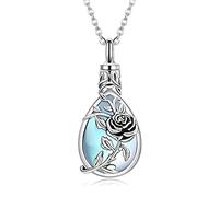 Midir&Etain Ashes Necklace 925 Sterling Silver Rose Flower Moonstone Urn Necklace for Ashes Teardrop Pendant Keepsake Cremation Jewellery Memorial Gifts for Women Grandma