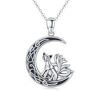 Midir&Etain Fox Necklace 925 Sterling Silver Fox and Moon Pendant Necklace Animal Necklace Nine Tailed Fox Jewellery Halloween Christmas Gifts for Women Girls
