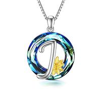 Midir&Etain Sunflower Initial Necklace 925 Sterling Silver Letter J Pendant Name Necklace Crystal Alphabet Personalised Jewellery Gifts for Women Teenage Girls