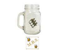 Midlands Bar Suppliers - Monkey Shoulder Whisky Mason Jar Glass with Handle & MBS Beer Coaster