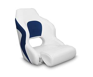 MiDMarine Captain's Bucket Flip-Up Bolster Seat - White/Blue Style. Lumbar & Shoulder Support.