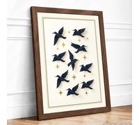 Midnight Birds in Flight Framed Wall Art Print A4 Walnut